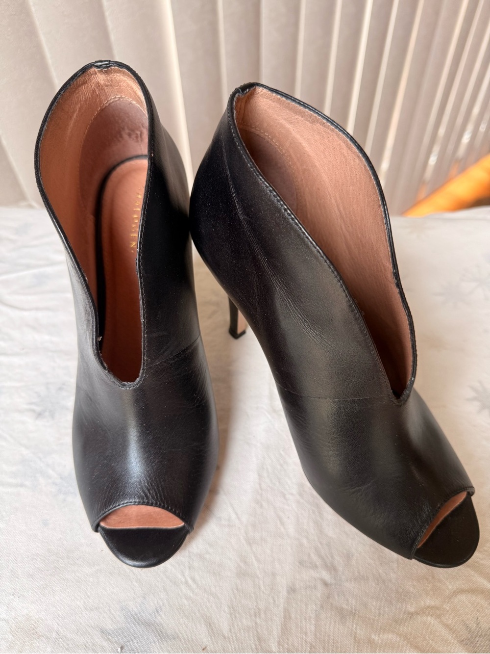 Halogen Black Leather Peep-Toe Ankle Booties.